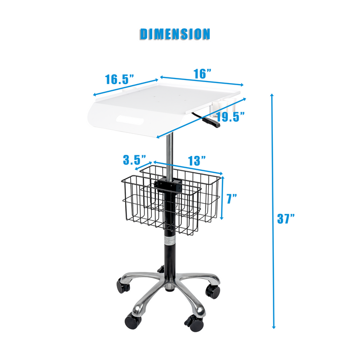 MC-12 - Medical Cart Mobile Trolley Cart with Wheels 27.5"-37" Height Adjustable Stainless Steel Dental Cart Rolling Desktop Lab Cart with 16"× 16.5" Large Tabletop