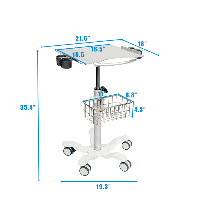 MC-15 - Medical Cart Mobile Trolley Cart with Wheels 22.4"-35.4" Height Adjustable Stainless Steel Dental Cart Rolling Desktop Lab Cart with 16.5"× 16.5" Large Tabletop