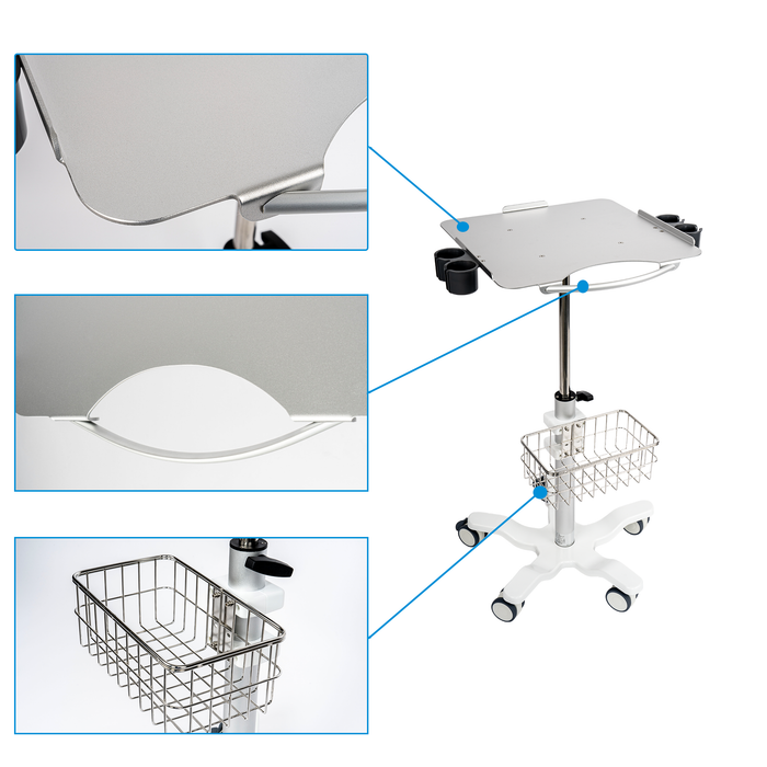 MC-15 - Medical Cart Mobile Trolley Cart with Wheels 22.4"-35.4" Height Adjustable Stainless Steel Dental Cart Rolling Desktop Lab Cart with 16.5"× 16.5" Large Tabletop