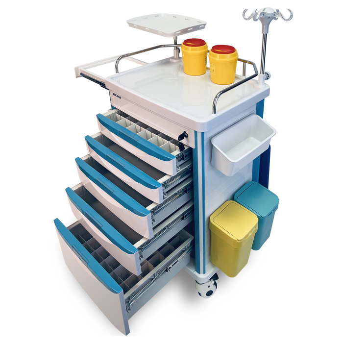 ET-02 - Medical Crash Cart with Emergency Accessory - Cardiac Board, IV Pole, O2 Holder, Power Strip, Trash Bin, Drawers with Dividers - Mobile Emergency Cart for Hospitals and Clinics