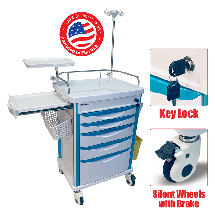 ET-02 - Medical Crash Cart with Emergency Accessory - Cardiac Board, IV Pole, O2 Holder, Power Strip, Trash Bin, Drawers with Dividers - Mobile Emergency Cart for Hospitals and Clinics