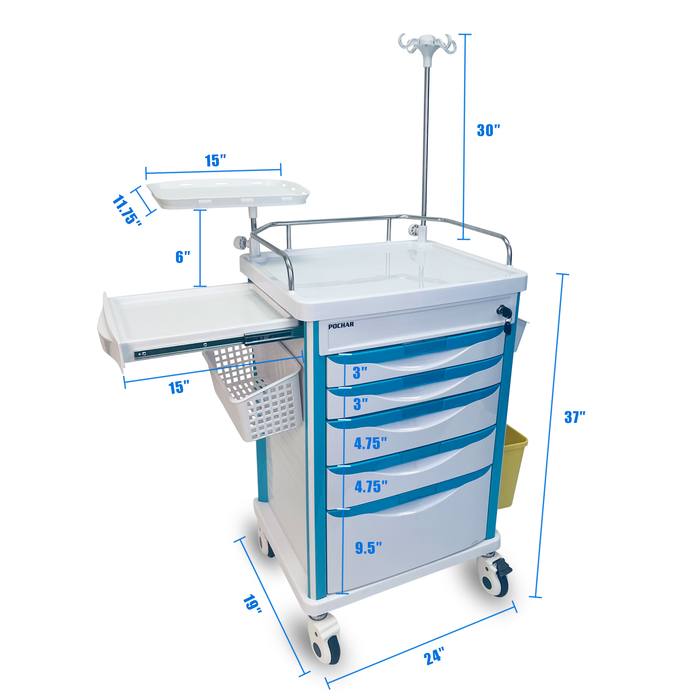 ET-02 - Medical Crash Cart with Emergency Accessory - Cardiac Board, IV Pole, O2 Holder, Power Strip, Trash Bin, Drawers with Dividers - Mobile Emergency Cart for Hospitals and Clinics