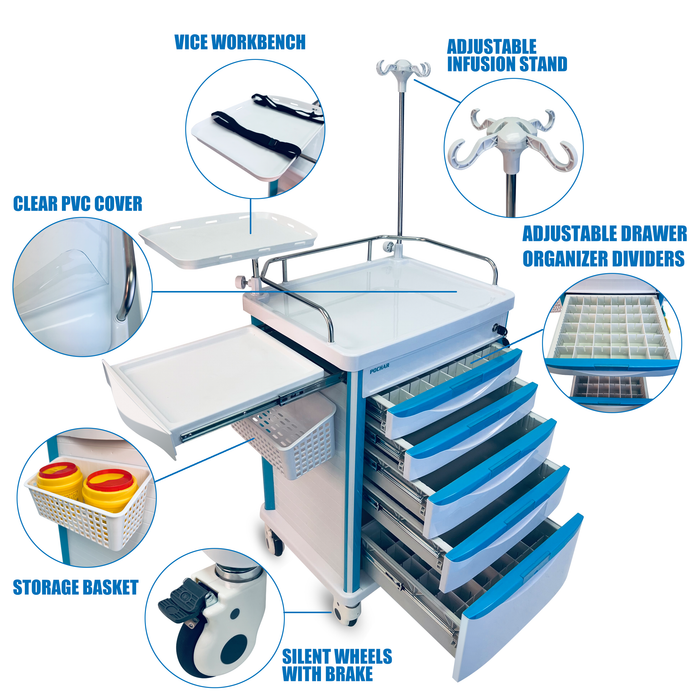 ET-02 - Medical Crash Cart with Emergency Accessory - Cardiac Board, IV Pole, O2 Holder, Power Strip, Trash Bin, Drawers with Dividers - Mobile Emergency Cart for Hospitals and Clinics