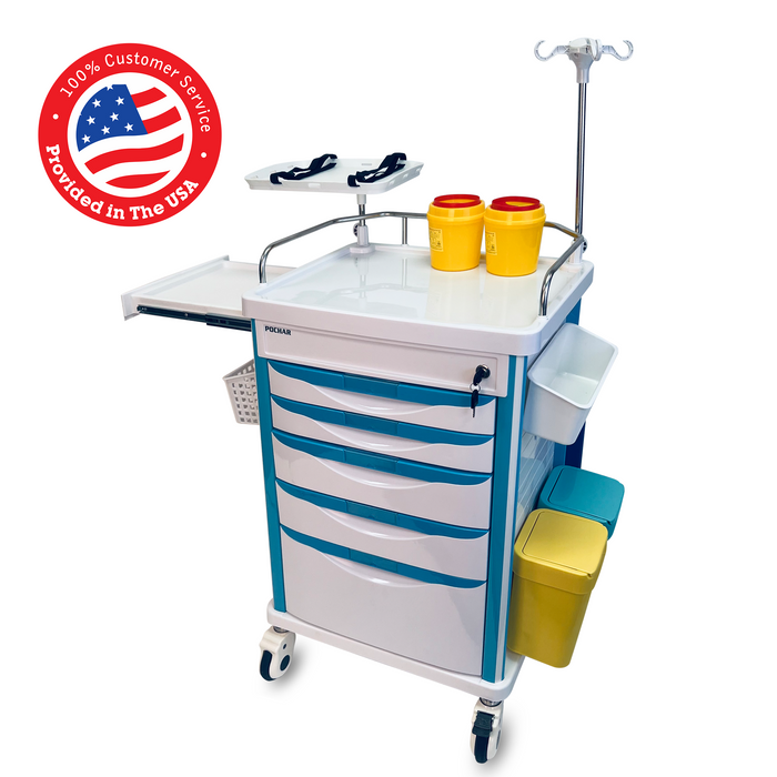 ET-02 - Medical Crash Cart with Emergency Accessory - Cardiac Board, IV Pole, O2 Holder, Power Strip, Trash Bin, Drawers with Dividers - Mobile Emergency Cart for Hospitals and Clinics