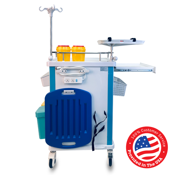 ET-02 - Medical Crash Cart with Emergency Accessory - Cardiac Board, IV Pole, O2 Holder, Power Strip, Trash Bin, Drawers with Dividers - Mobile Emergency Cart for Hospitals and Clinics