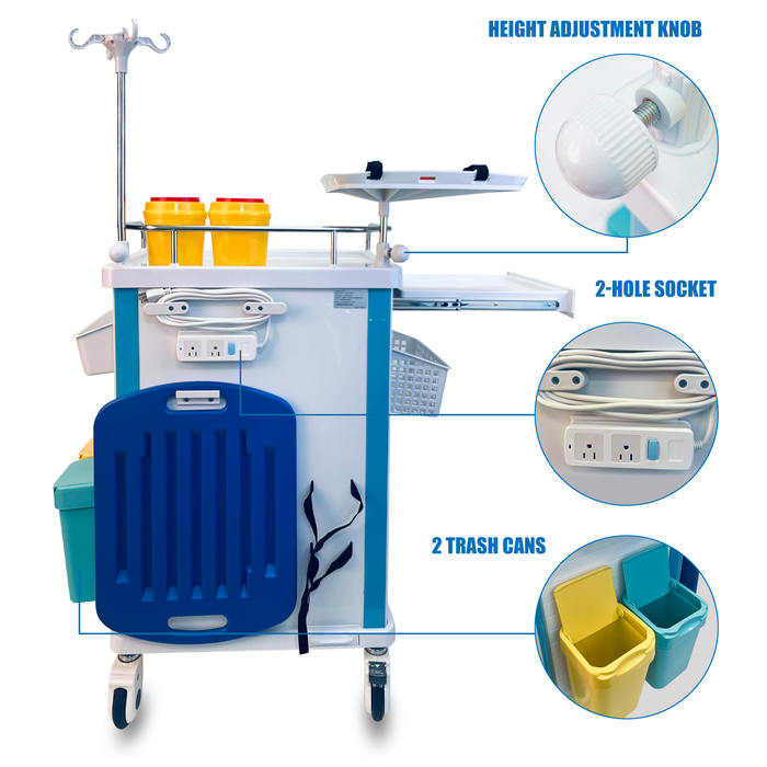 ET-02 - Medical Crash Cart with Emergency Accessory - Cardiac Board, IV Pole, O2 Holder, Power Strip, Trash Bin, Drawers with Dividers - Mobile Emergency Cart for Hospitals and Clinics